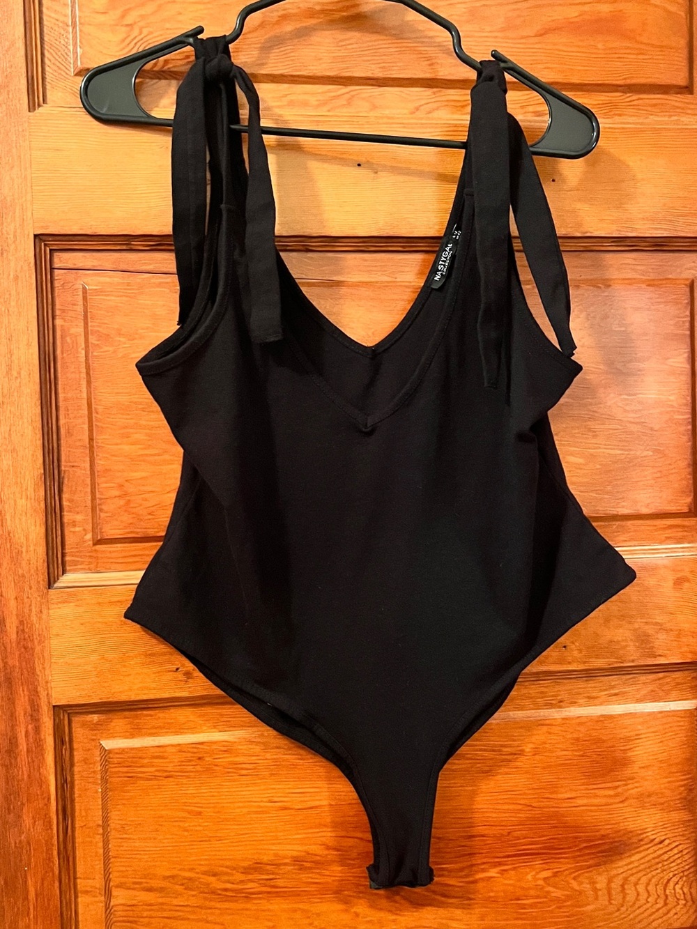 Nasty Gal Black Low Cut V-Neck Bodysuit with Tie Shoulders - Size 10